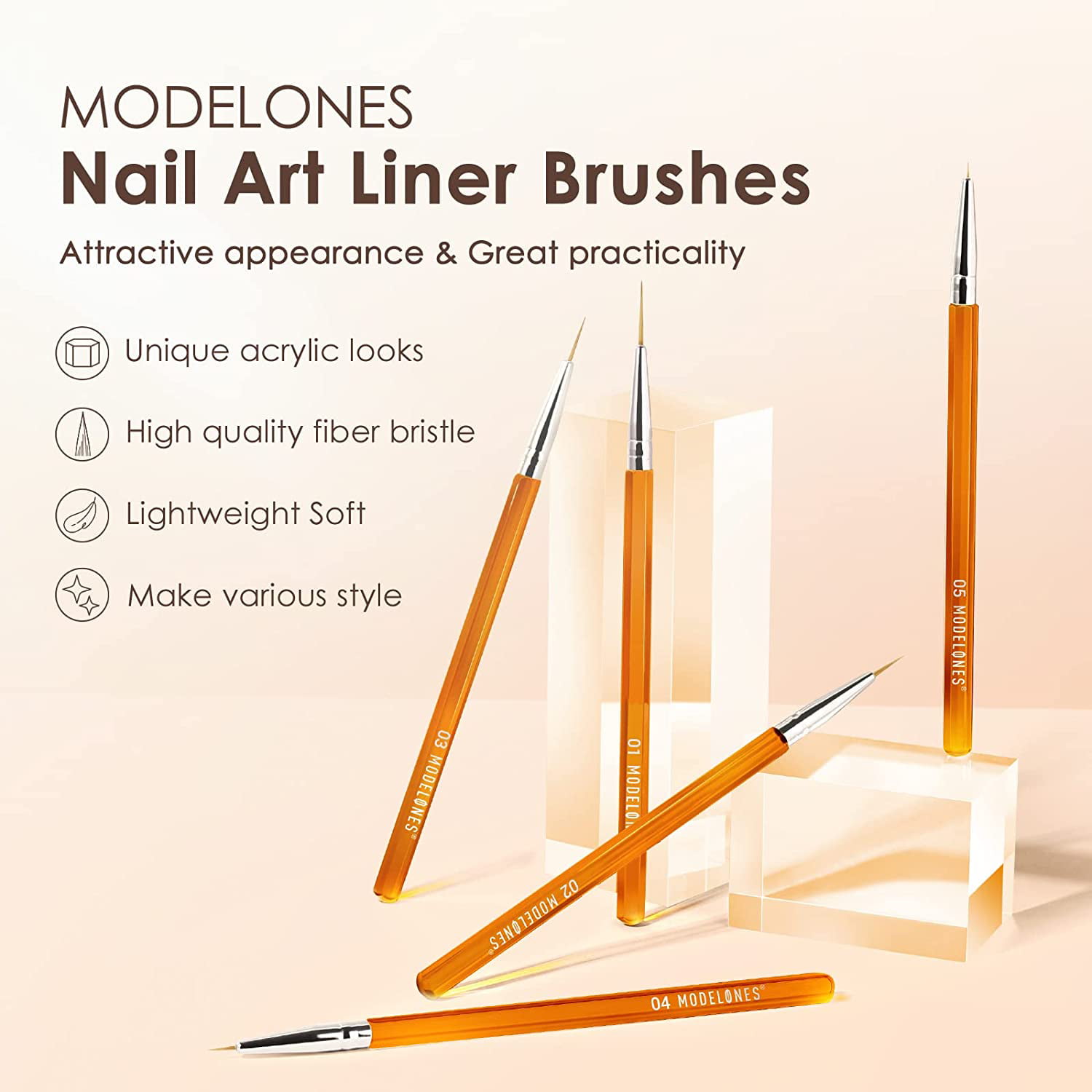 Modelones Nail Brush Set for Nail Art Liner Brushes 5Pcs Thin Nail Art Brush  for Nails Gel Polish Painting Designs with Hexagonal Shape Easy Hold  5/7/9/11/20mm White