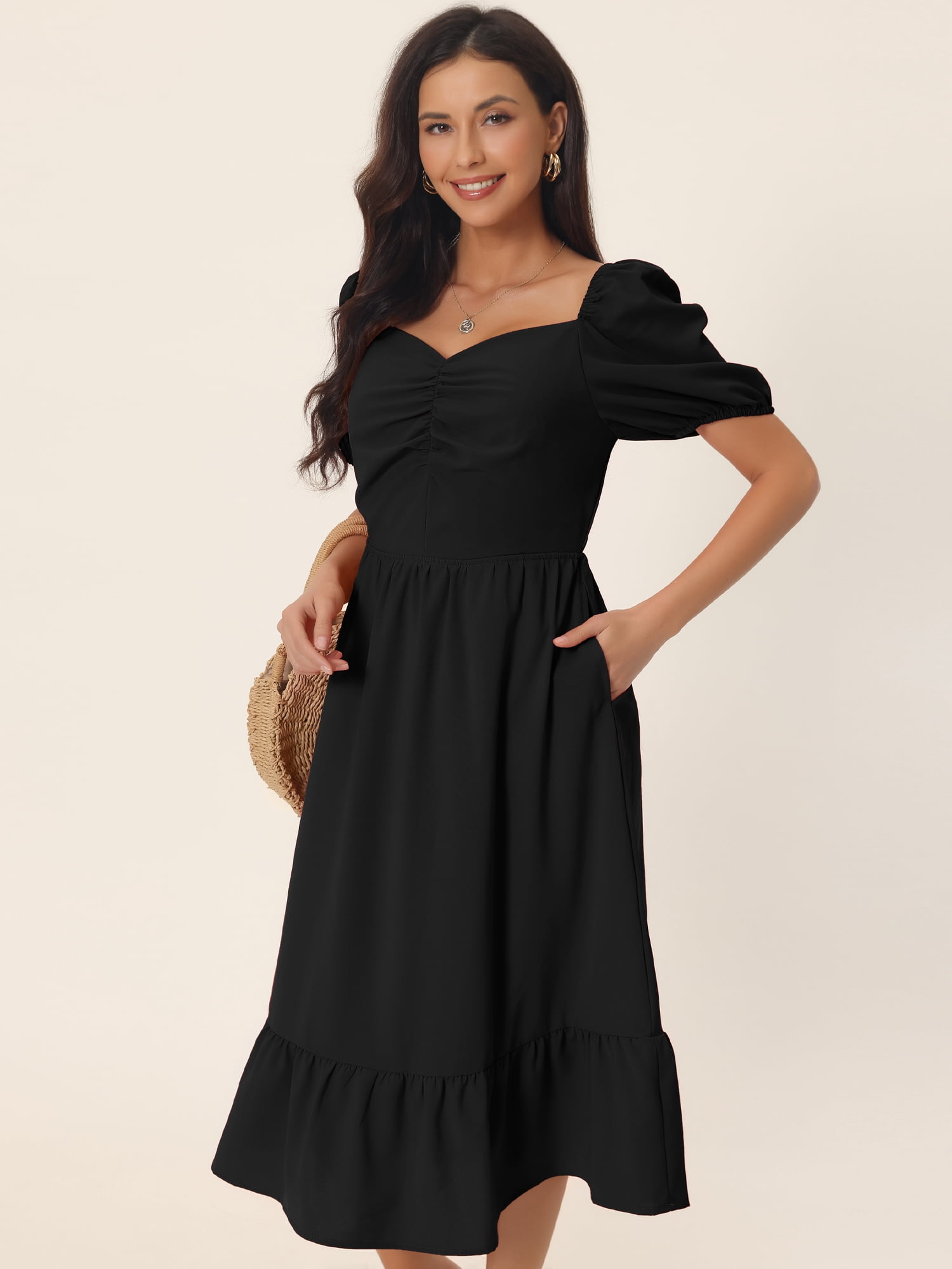 DARING DIVA Women's Flowy Beach Puff Sleeve Midi Dresses S Black