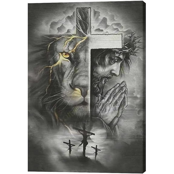 Jesus and Lion Wall Art To the Beautiful World Unframed Canvas Home Decor Black and White Religious Jesus The Cross Wall Décor Inspirational Home Artwork for Living Room Bedroom Ready to Hang