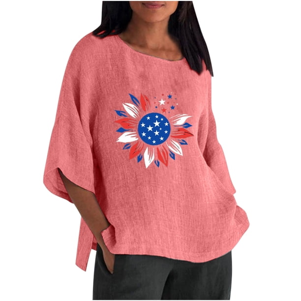 Nueva camiseta de lino con cuello redondo y mangas tres cuartos con estampado del Día de la Independencia para mujer Pompotops FGAJ3110