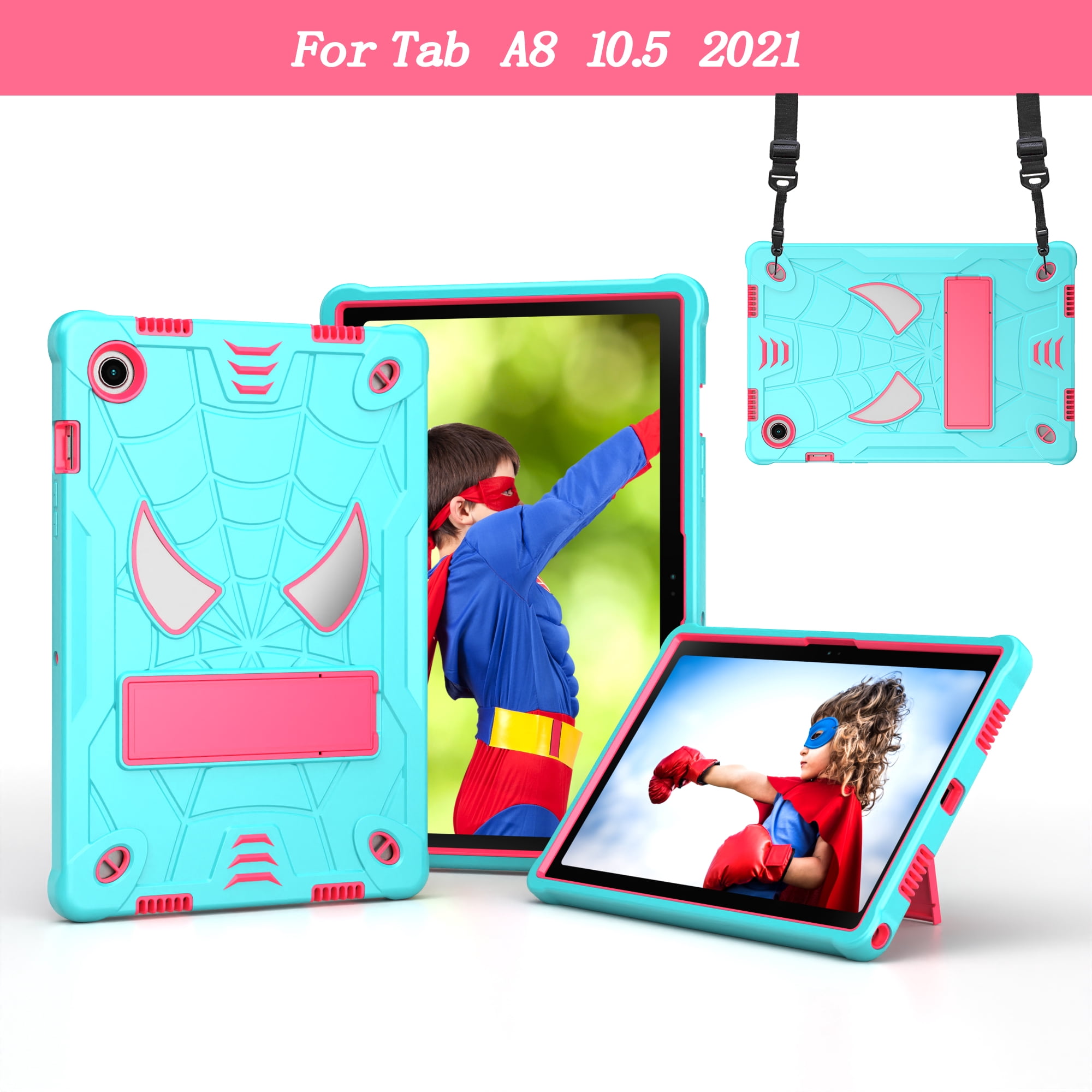 TECH CIRCLE for Samsung Galaxy Tab A8 (10.5 ) 3-Layer Rugged Shockproof Case with Shoulder Strap Built-in Kickstand Cute Spider Heavy Duty Tablet Back Cover Mint Rose
