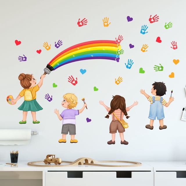 2 pegatinas de pared de arco iris, pegatinas de pared para niños, citas inspiradoras, manos pequeñas cambian el mundo, sala de juegos, escuela, aula, guardería, preescolar