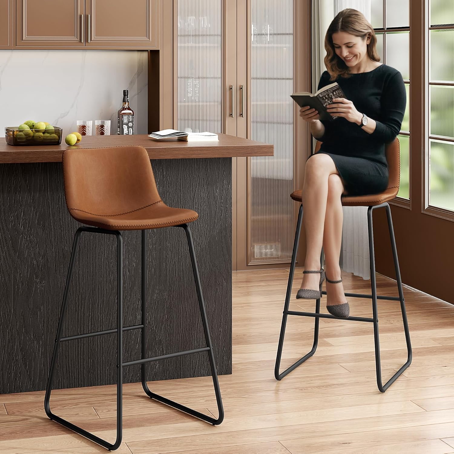 GIKPAL Bar Stools 30" Faux Leather Counter Height Barstools with Back Set of 4, Modern Counter Stools with Metal Legs and Footrest, Armless Chairs with Back for Kitchen Living Room Pub, Dark Brown