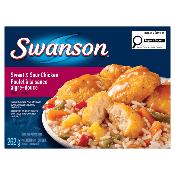 Swanson Sweet & Sour Chicken Frozen Dinner, Breaded Chicken Croquettes with Sweet and Sour Sauce on Rice, Sweet & Sour Chicken Frozen Meal, 262g