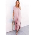 thumbnail image 4 of Casual Short Sleeve Maxi Dress - Pink V-Neck T-shirt Dress, 4 of 12