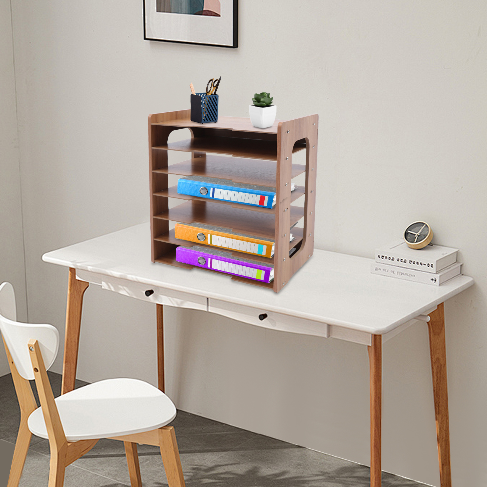 36*25*38.5cm Rectangular Natural Wood Color Widen Wood Office Paper Organizer Desk Desktop File Holder Desk Letter Tray