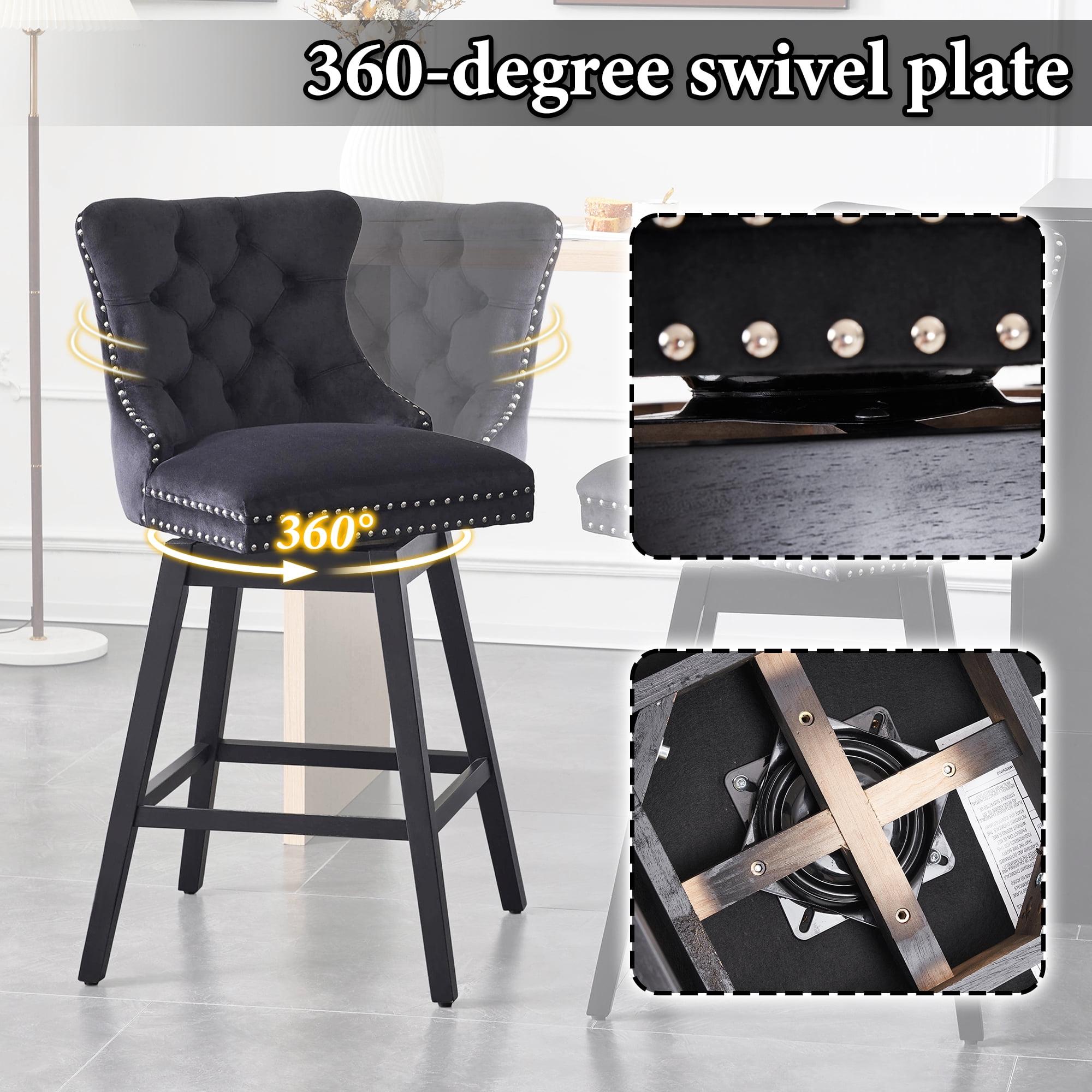 TEWLOSS 30" Swivel Bar Height Bar Stools with Back Set of 2, Black Velvet Kitchen Stools