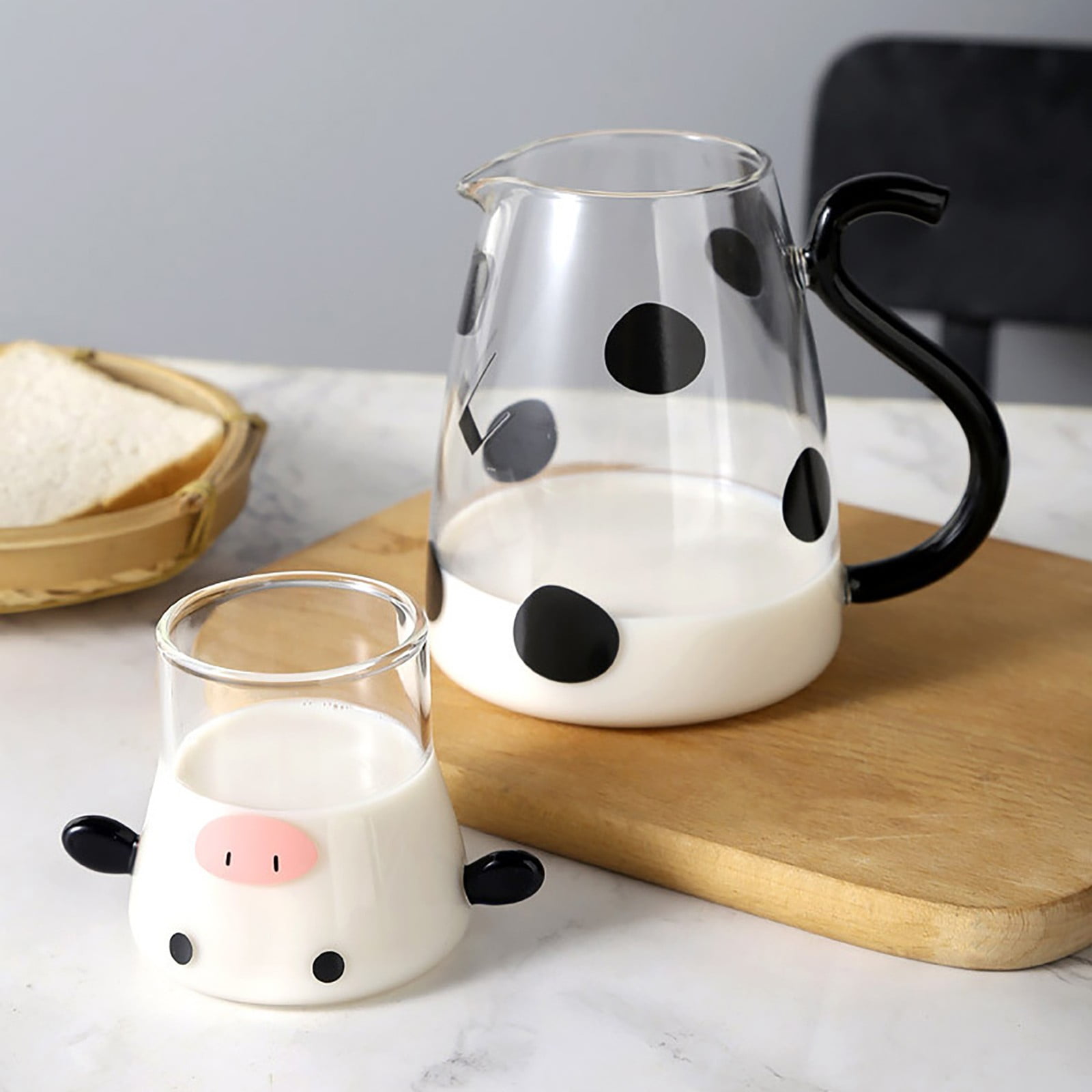 Wovilon Water Bottles Cow Glass Water Pitcher With Glass Cup, Small Glass Carafe For Milk Water Tea Lemonade Juice, Borosilicate Glass Water Jug Beverage Bottle For Home Office