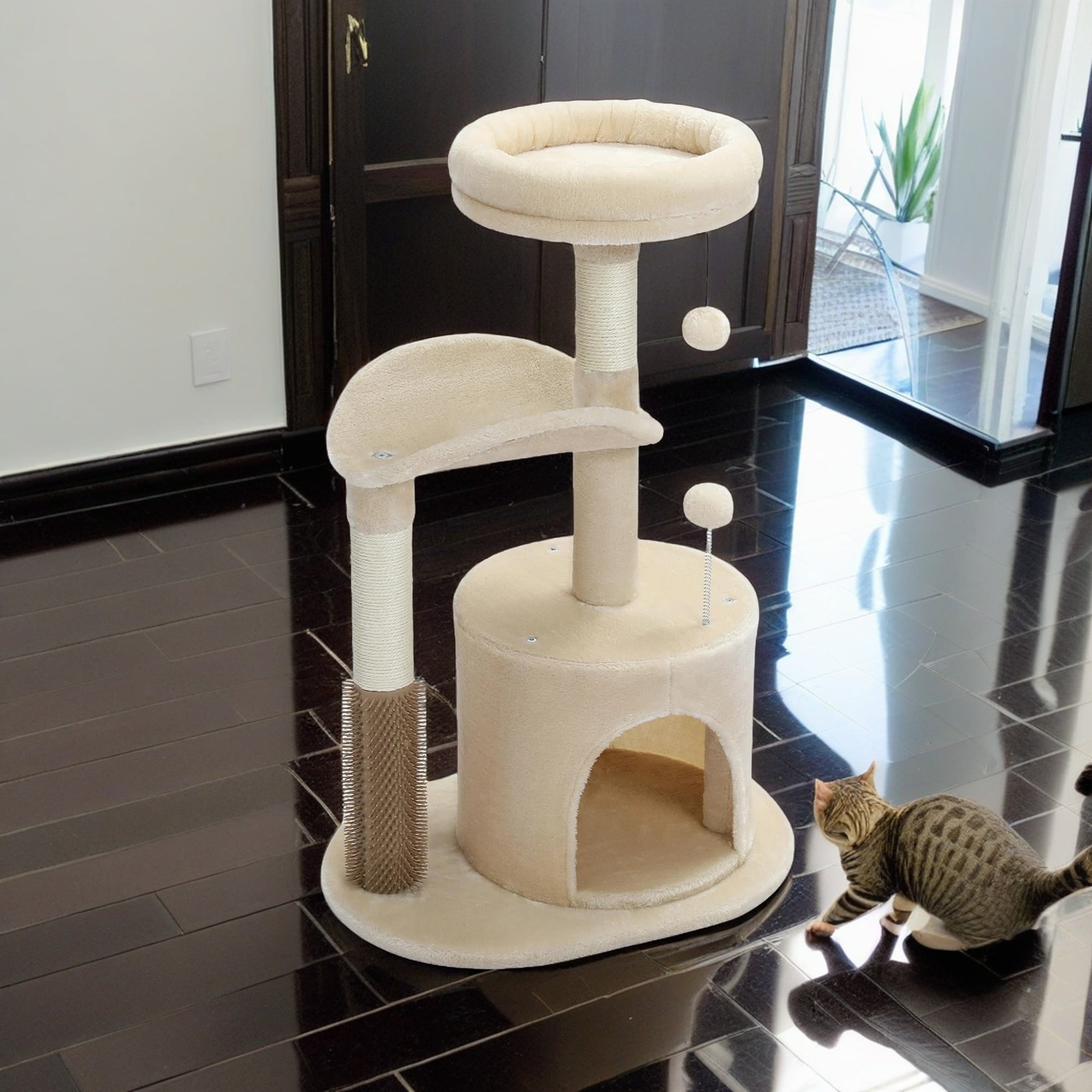Kadyn 32" Cat Tree Indoor with Self Groomer Brush, Sisal Scratching Post, Dangling Ball, Wood Cat Condo Tower for Small, Medium Cats, Beige