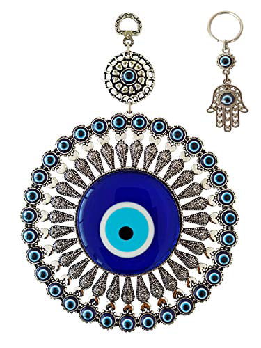 Turkish Nazar Bead Erbulus Glass Blue Evil Eye Wall Hanging Gold and Turquoise Flower Pattern Ornament Wall Art Amulet in a Black Box Home Protection Charm