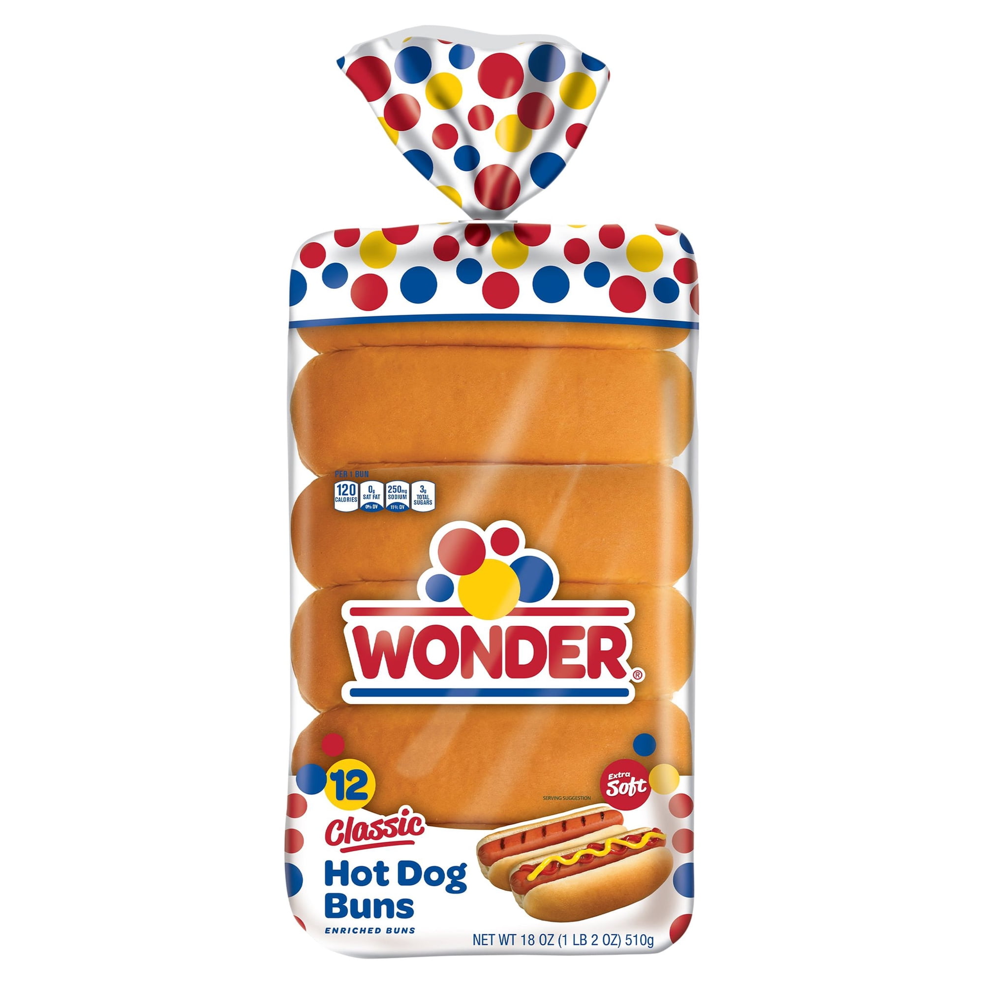 Wonder Bread Classic Extra Soft Hot Dog Buns, White Bread Buns, 18 oz., 12 Ct, Shelf-Stable