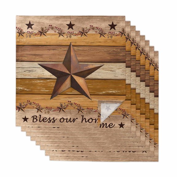Cloth Napkins Set of 8 - 20x20 Inches, Western Texas Star Vintage Washable Reusable Table Napkins, Retro Farmhouse Yellow Brown Wooden Soft Absortbent Dining Napkin for Party Wedding Hotel Restaurant