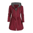 thumbnail image 2 of Women's Patchwork Winter Coat, Faux Two Piece Hooded Jacket with Drawstring Waist, Slim Fit Long Sleeve Zipper Up Outerwear with Pocket for Casual Daily Wear - Red, 2 of 5