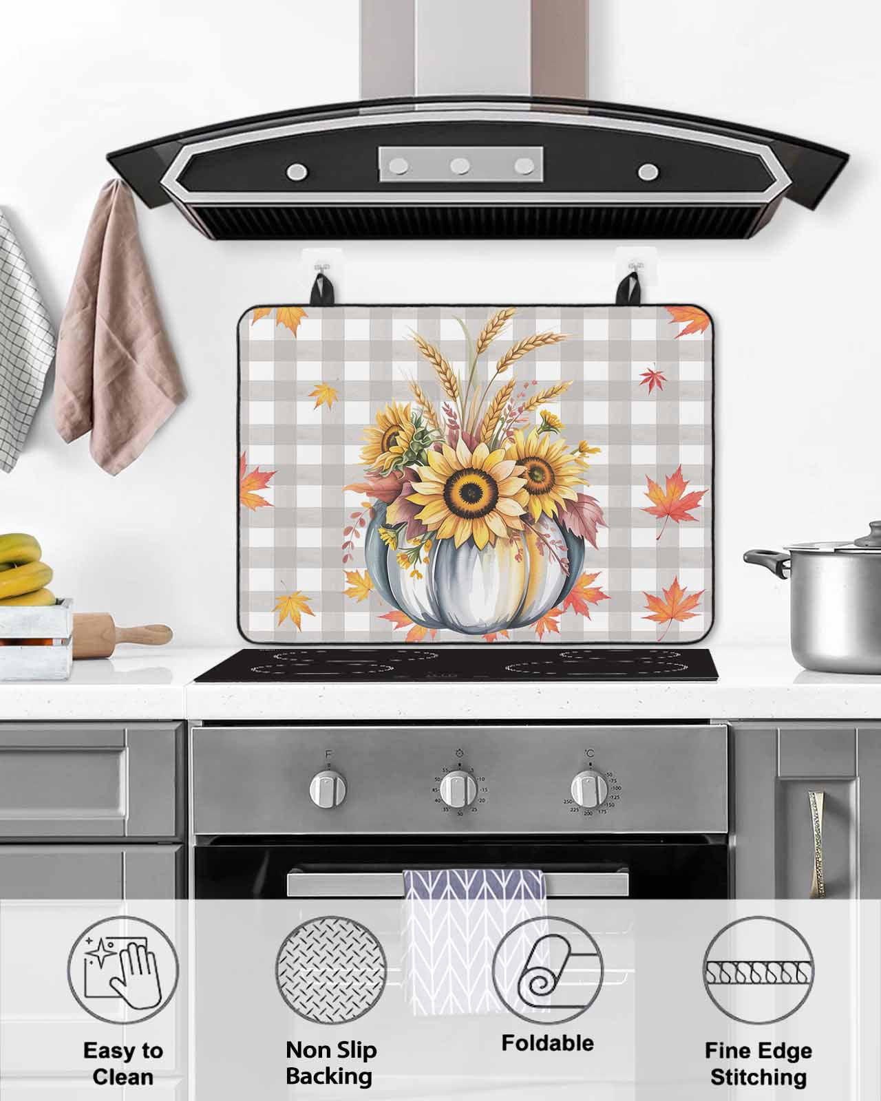 Large Induction Cooktop Protector Mat Thanksgiving Stove Top Covers for Electric Stove, Fall White Pumpkin Sunflowers Maple Leaf Plaid Decorative Stove Burner Cover Mats, Glass Top Stove Cover
