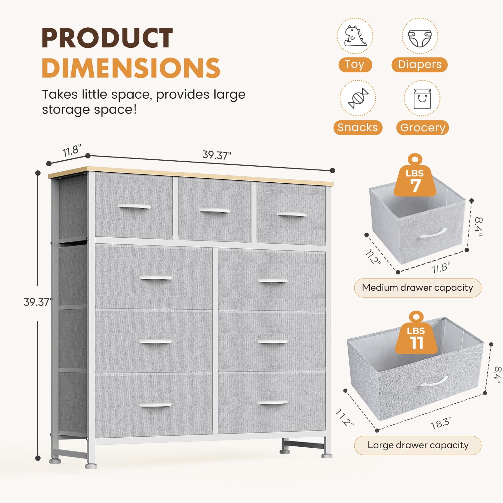 edx 9 Drawers Fabric Dresser for Bedroom, Drawer Organizer Storage Cabinet for Closet, Clothes, TV Stand, Light Gary