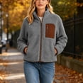 thumbnail image 3 of hoksml Women's Cropped Sherpa Fleece Jacket Full Zip Stand Collar with Contrast Pockets Teddy Coat for Daily Comfort, 3 of 7