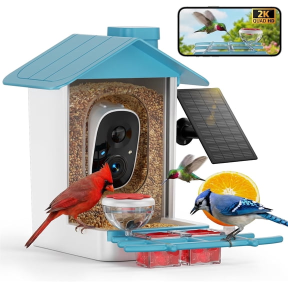 Bird Feeder with Camera 2K HD AI Smart Identify BirdSpecies Solar Panel Outdoors Birdhouse with Cam, Instant Arrival Alerts, Capture BirdVideo, Gifts for Mom Dad