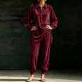 thumbnail image 5 of Szluipve 2 Piece Sets for Women Velvet 2 Piece Outfits Collared Half‑Button Lantern Long Sleeve Top Elastic Cuff Jogger Pants Set Casual Loose Matching Loungewear Suit With Pockets Wine S, 5 of 6