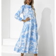 thumbnail image 3 of Vestido Estampado De Mujer Adorno De Volantes Suave Cuello Alto Cordón Lazo Cuello Dobladillo Largo Vestido Suelto Y Transpirable Azul XL, 3 of 7