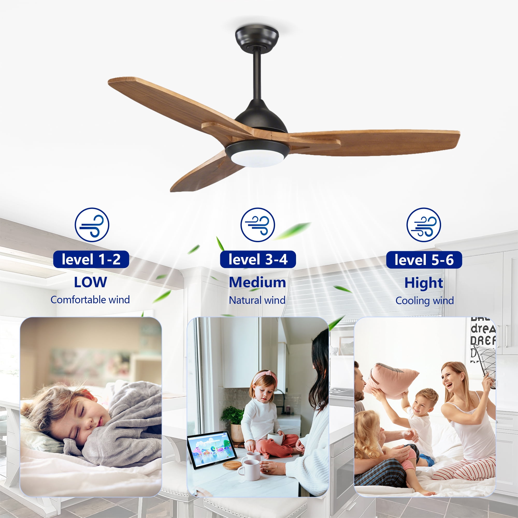 Leumius 52" Ceiling Fan with Lights Quiet DC Motor Ceiling Fans 6 Speed Levels,Reversible Ceiling Fan for Patio Living Room Bedroom Black