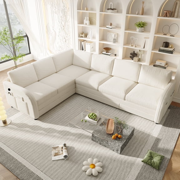 115.2" Reversible L-Shaped Pull-Out Sofa Bed with USB Port & Side Pocket, Oversize Teddy Fleece Sectional Sleeper Couch (Left/Right Convertible, White)