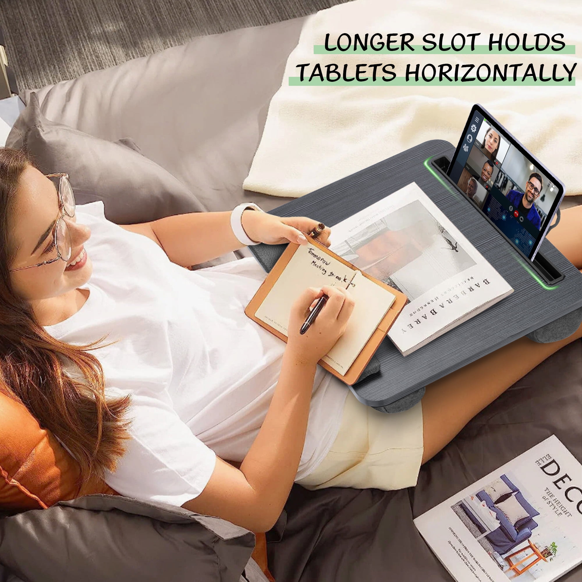 Coliware Portable Lap Desk, 15.7 Laptop Desk with Dual Cushion Wrist Pad Pad Phone Tablet Holder, Computer Pillow Desk Stand for Home Office, Wood Bed Tray Table - Black