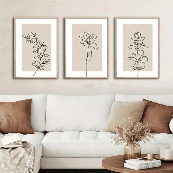 3pcs Boho Style Art Painting Line Drawing Plant Flower Leaf Canvas Poster HD Print Abstract Botanical Wall Picture Modern Minimalist Home Living Room Decoration, Frameless