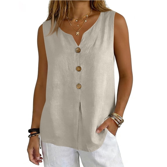 YUBNLVAE 2026 Women's Cotton Linen Sleeveless Tops, V Neck Boho Casual T Shirts, Lightweight Summer Beach Cover Up Tee,Beige,L