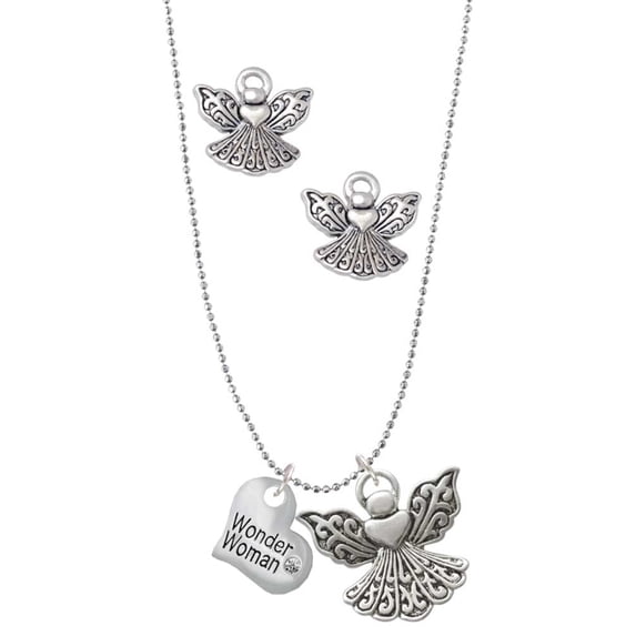 Delight Jewelry Silvertone Small Wonder Woman Heart Silver tone Guardian Angel Charm Necklace and Stud Earrings