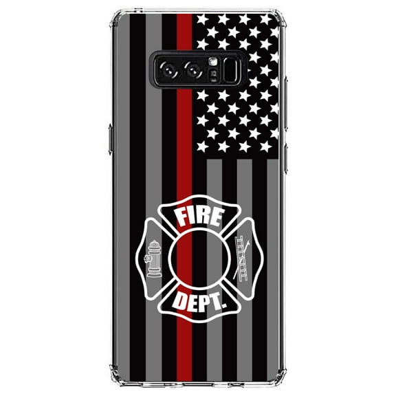 DistinctInk Clear Shockproof Hybrid Case for Samsung Galaxy Note 8 - TPU Bumper, Acrylic Back, Tempered Glass Screen Protector - FD Thin Red Line Maltese Cross - First Responders