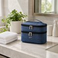 thumbnail image 3 of Double Layer Travel Makeup Bag, Oxford Fabric Cosmetic Organizer with Handle, Portable Large Capacity Toiletry Bag for Women, 3 of 5