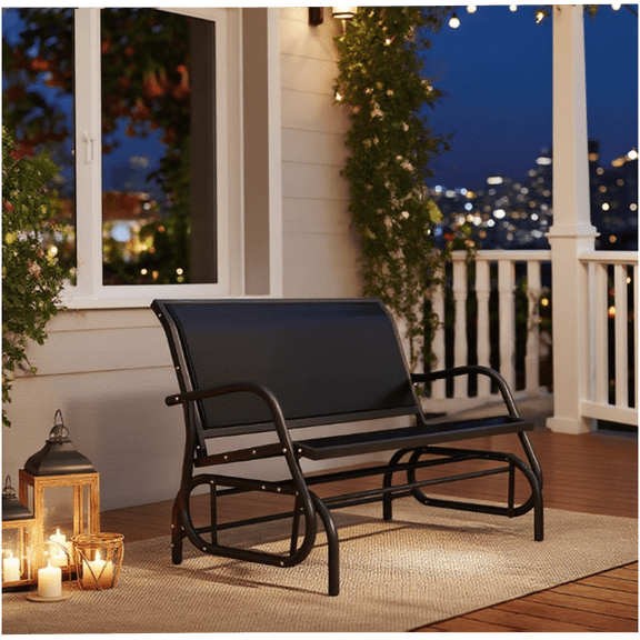 Double Seat Patio Glider Bench with Sling Fabric, All-Weather Steel Frame, Smooth Rocking Motion for Outdoor Garden Porch