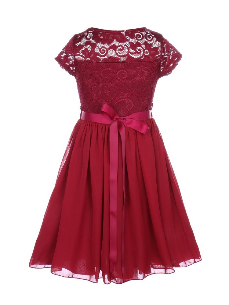 Just Kids Little Girls Burgundy Lace Stone Belt Chiffon Flower Girl