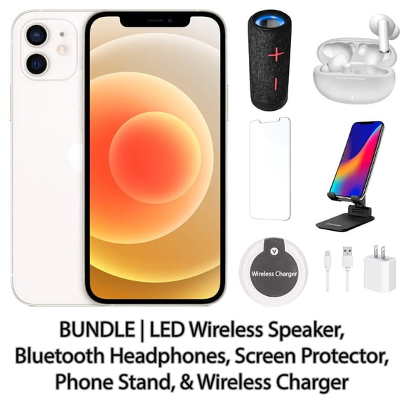 Pre-Owned Apple iPhone 12 64GB White Fully Unlocked with LED Wireless Speaker, Bluetooth Headphones, Screen Protector, Wireless Charger, & Phone Stand