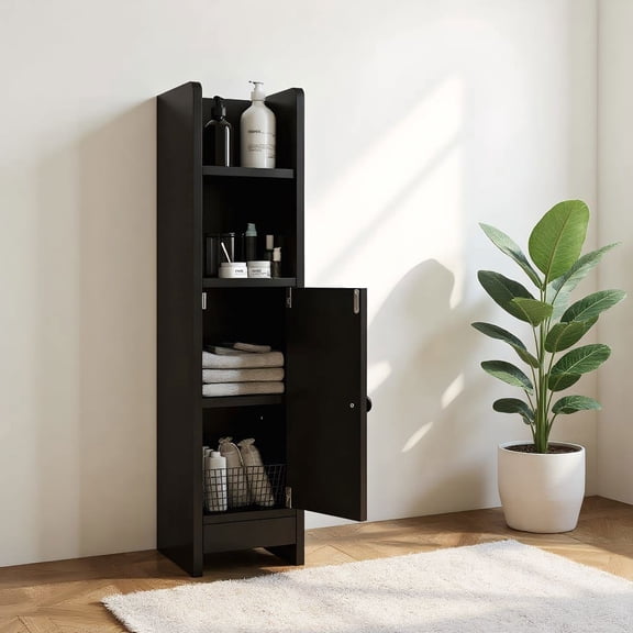 Resenkos Bathroom Slim Corner Storage Cabinet, Freestanding Cabinet with Door and Adjustable Shelves, Storage Cabinet with Anti-Toppling Design for Small Bathroom, Kitchen, Black