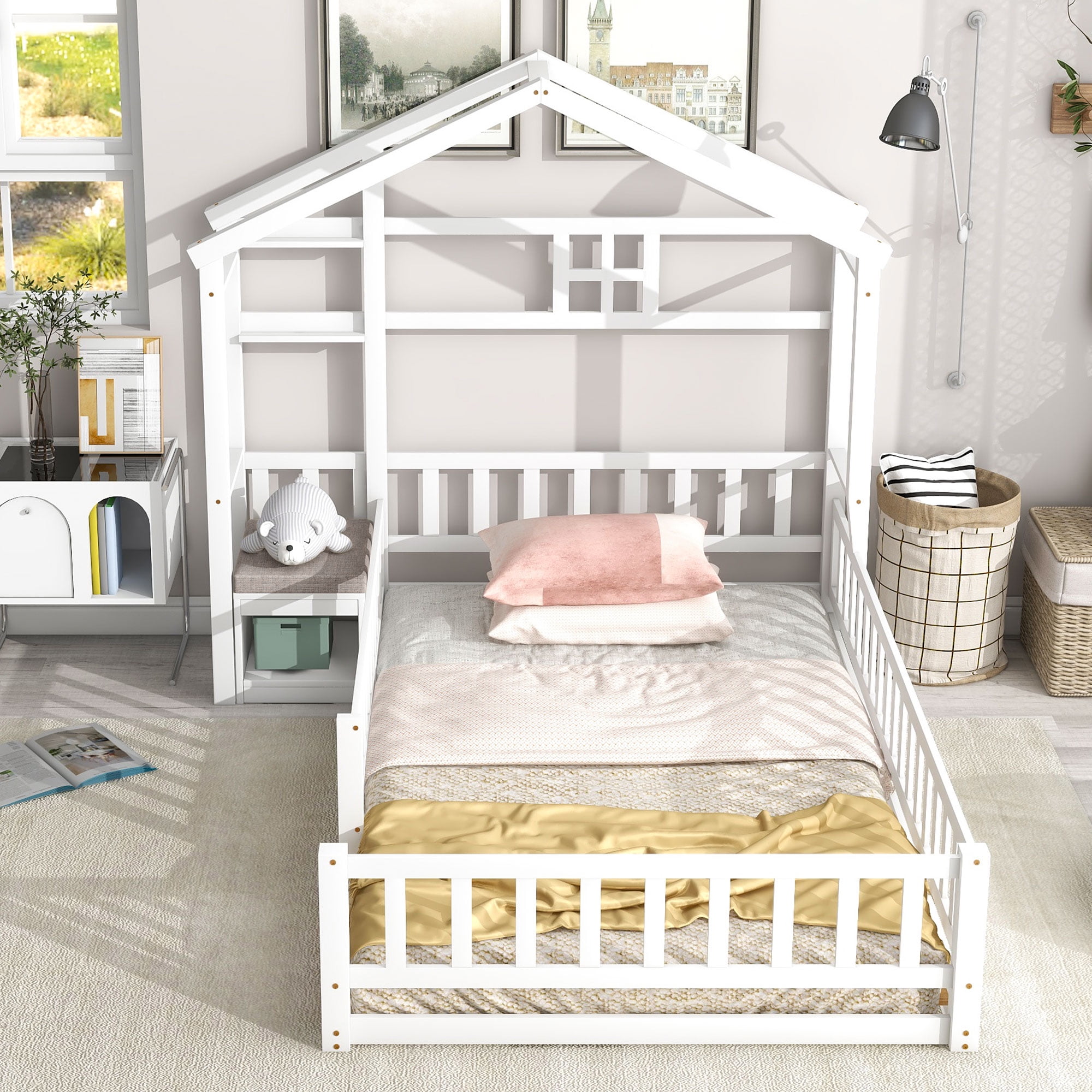 Euroco Wood Twin Size Platform Bed with House Shelf and Cushion Chair for Kids, White