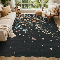 Garvee 8'x10' Floral Area Rugs Botanical Scalloped Rug, Non Slip Washable Rug Soft Butterfly Rug Low Pile Carpet for Living Room Bedroom Dining Room, Black