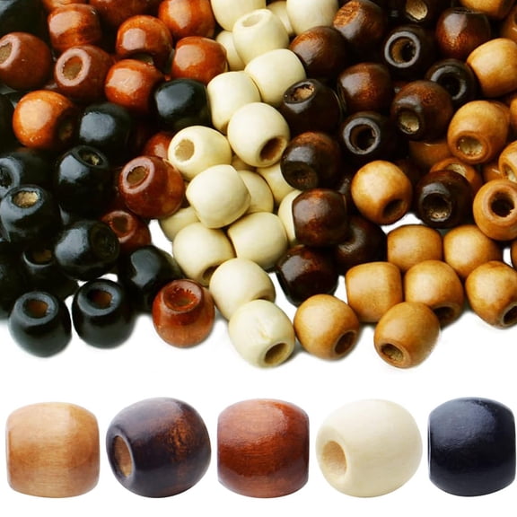 200pcs 5 Colors, Large Hole Wooden Beads Natural Barrel Wood Spacer Beads Drum Loose Beads Hair Braid Beads for DIY Macrame Hemp Jewelry Craft Making,Hole: 4.9mm
