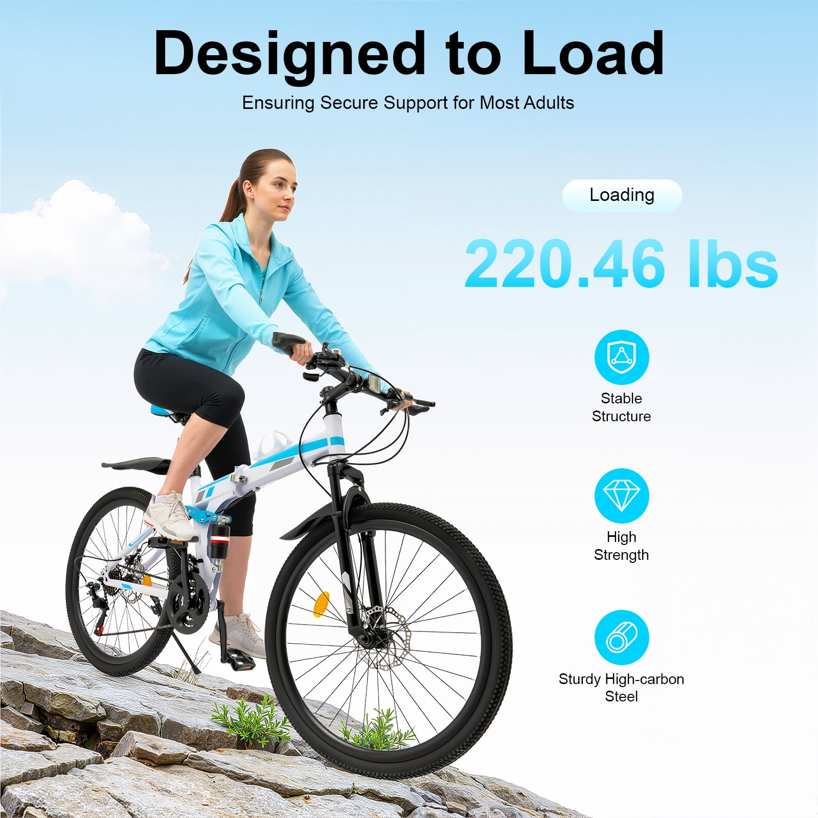 Miumaeov 26" Mountain Bike Folding 21 Speed Full Suspension High Carbon Steel Bike Bicycle Adjustable Saddle Height, Dual Disc Brakes Non-Slip Folding Bike, Adult/Men/Ladies Mountain Bike
