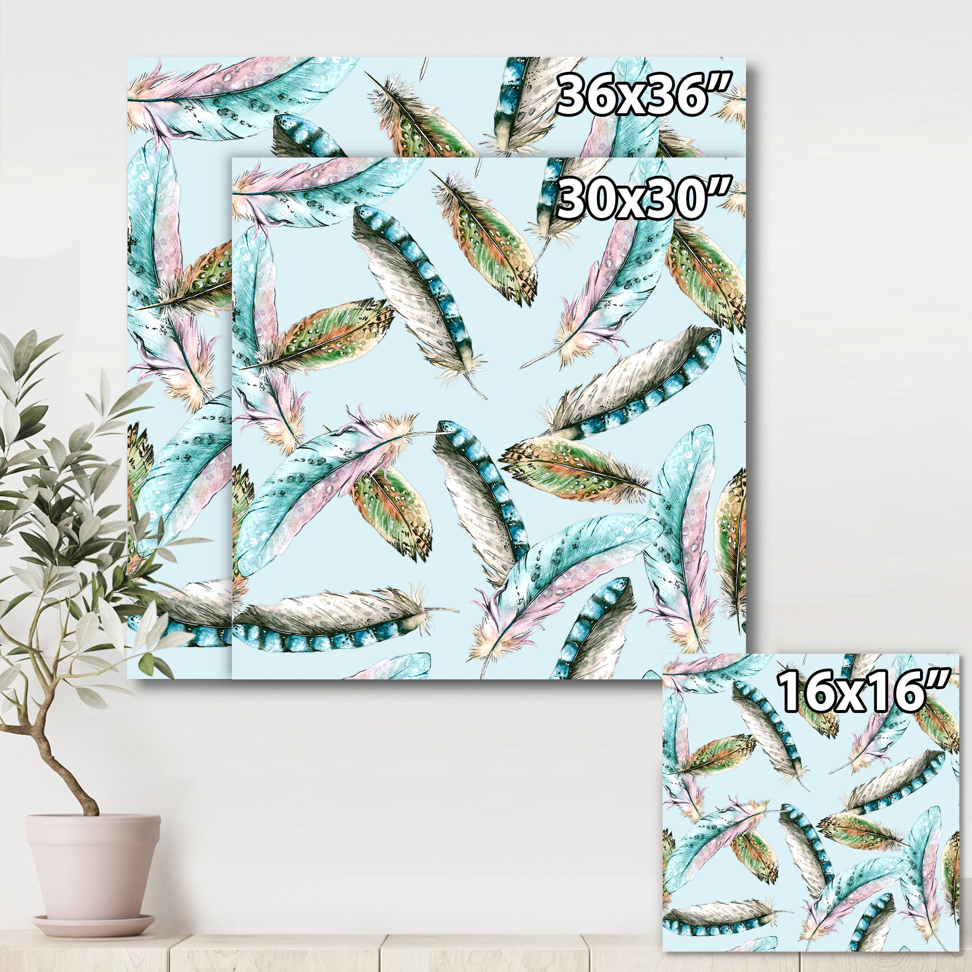 Designart ' Green Bird Feathers On Blue Background ' Bohemian & Eclectic Canvas Wall Art Print