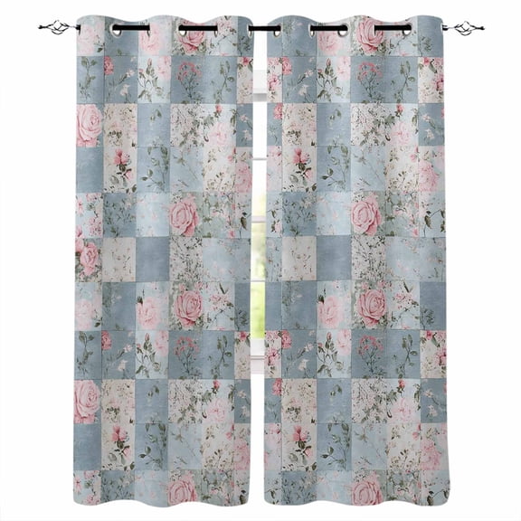 Blue Pink Botanical Blackout Curtains 96 Inches Long, Spring Floral Vintage Thermal Insulated Black Out Curtains, Darkening Window Curtain Drapes for Bedroom Living Room 52"x96" 2 Panels