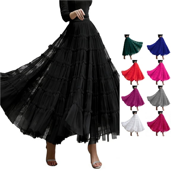 Wxolcjlv Women's Tiered Ruffled Maxi Skirt Elastic Waist Flowy Layered Cut Skirts
