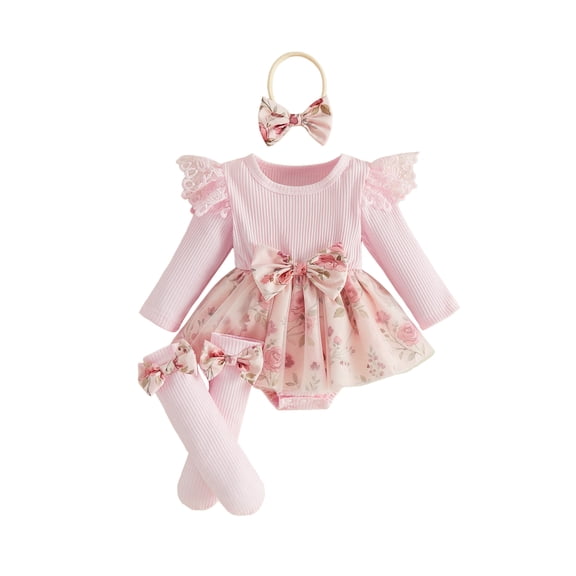 Cjfdfy Newborn Baby Girl Floral Romper Dress Lace Ruffles Long Sleeve Ribbed Knit Bodysuit and Headband Stocking Baby Vintage Clothes Infant Cute Coming Home Outfit 0-18M