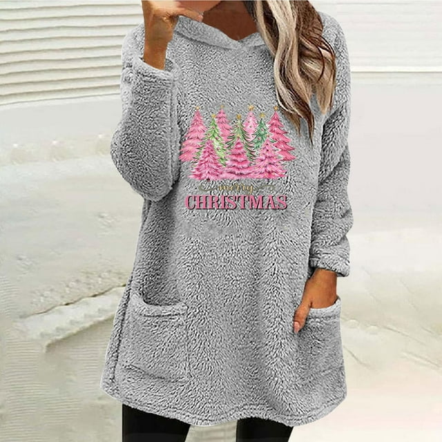 FcBaudy Hauts pour Femmes, Blouse à Manches Longues avec Capuche, Chemises pour Femmes Automne et Hiver Imprimé de Noël Col Rond Ample avec Poche Chaude Blouse à Manches Longues avec Capuche Femme Blouse en Polyester