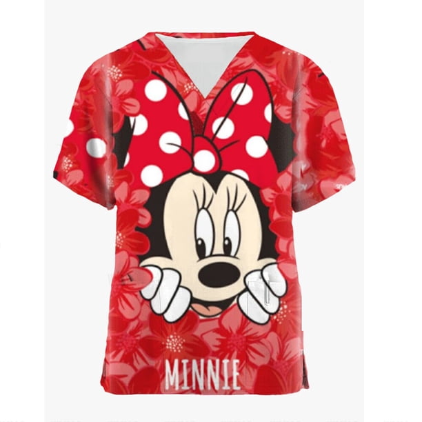 Women Fashion Short Sleeve V-neck Neck Tops Working Uniform Blouse Shirt Pet Scrubs Costume plus size Disney Mickey Mouse PrintM Gao Jinjia LED