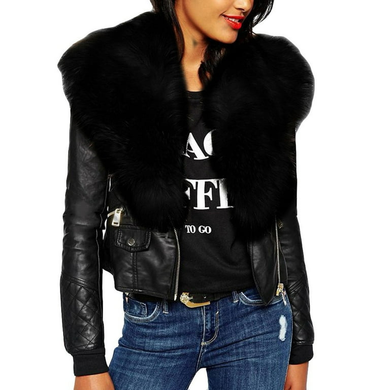 Cropped leather jacket with fur clearance collar