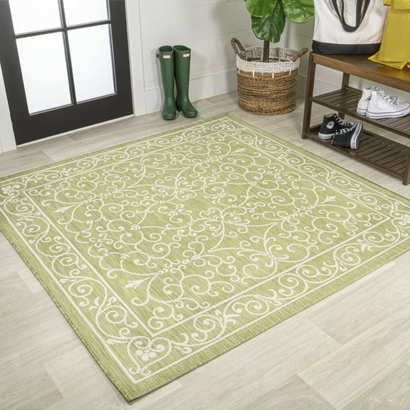 JONATHAN Y SANTA MONICA 5' Square Area Rug, Charleston Vintage Filigree Textured Weave - Green/Cream, SMB106H-5SQ