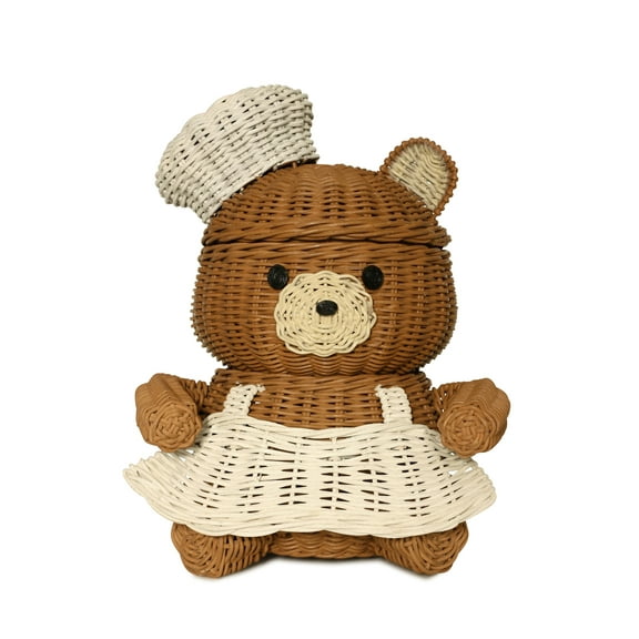 Chef Bear Rattan Storage Basket with Lid Decorative Home Decor Hand Woven Shelf Organizer Cute Handmade Handcrafted Gift Art Decoration Artwork Wicker