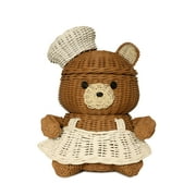 Chef Bear Rattan Storage Basket with Lid Decorative Home Decor Hand Woven Shelf Organizer Cute Handmade Handcrafted Gift Art Decoration Artwork Wicker