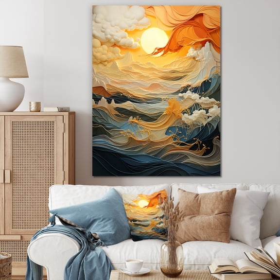 Designart "Bold Sunrise Orange Waters and Waterfalls III" Abstract Canvas Wall Art - Modern Blue Abstract Modern Waves Bedroom Canvas Wall Art